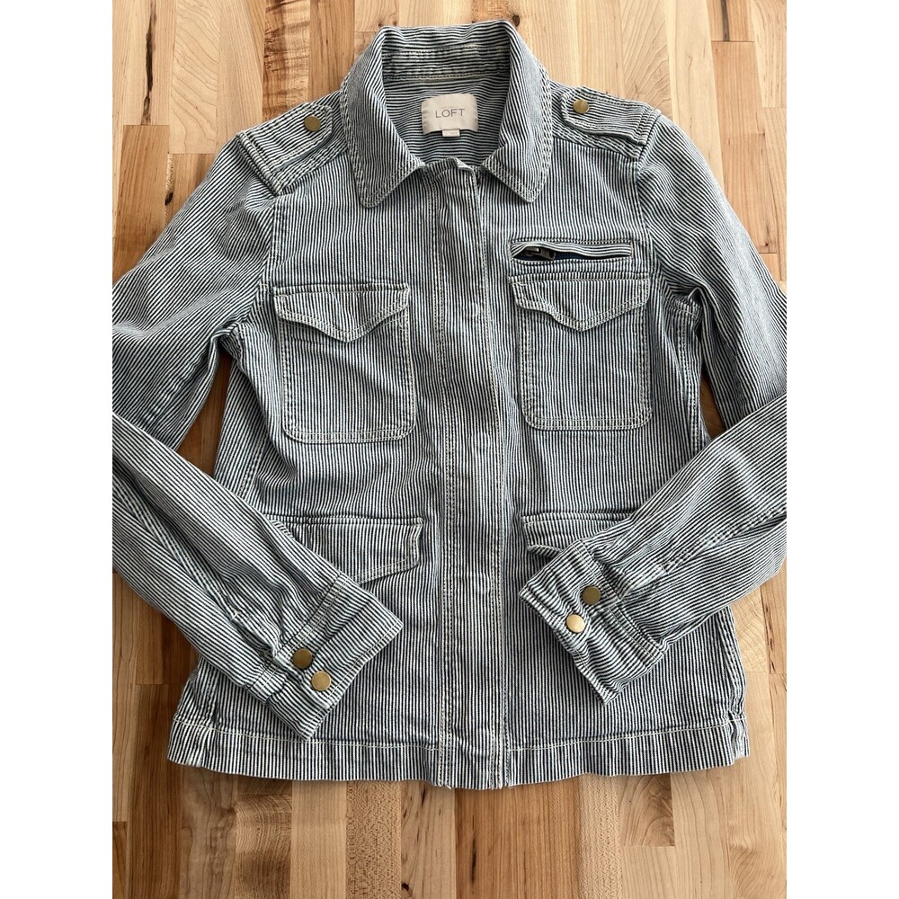 Women's Cargo Utility Jacket Hickory Railroad Stripe Cotton White & Blue Small